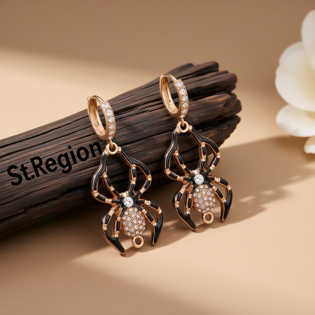 Cubic Zirconia and Enamel 18K Gold-Plated Spider Huggie Earrings, gold huggie earrings, botanical inspired, front view
