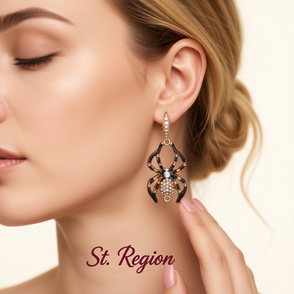 Cubic Zirconia and Enamel 18K Gold-Plated Spider Huggie Earrings, gold huggie earrings, botanical inspired, styled look