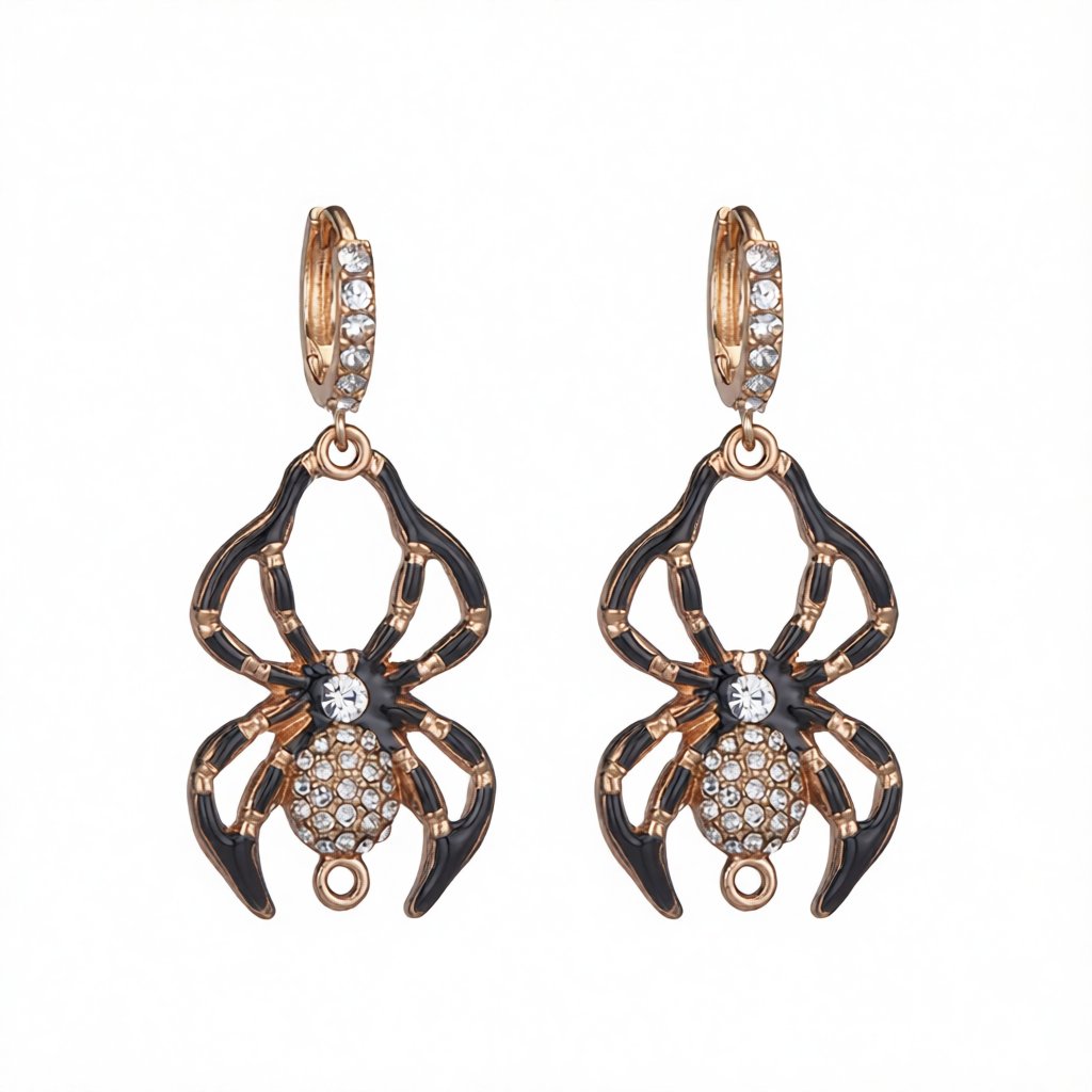 Cubic Zirconia and Enamel 18K Gold-Plated Spider Huggie Earrings, gold huggie earrings, botanical inspired, side view