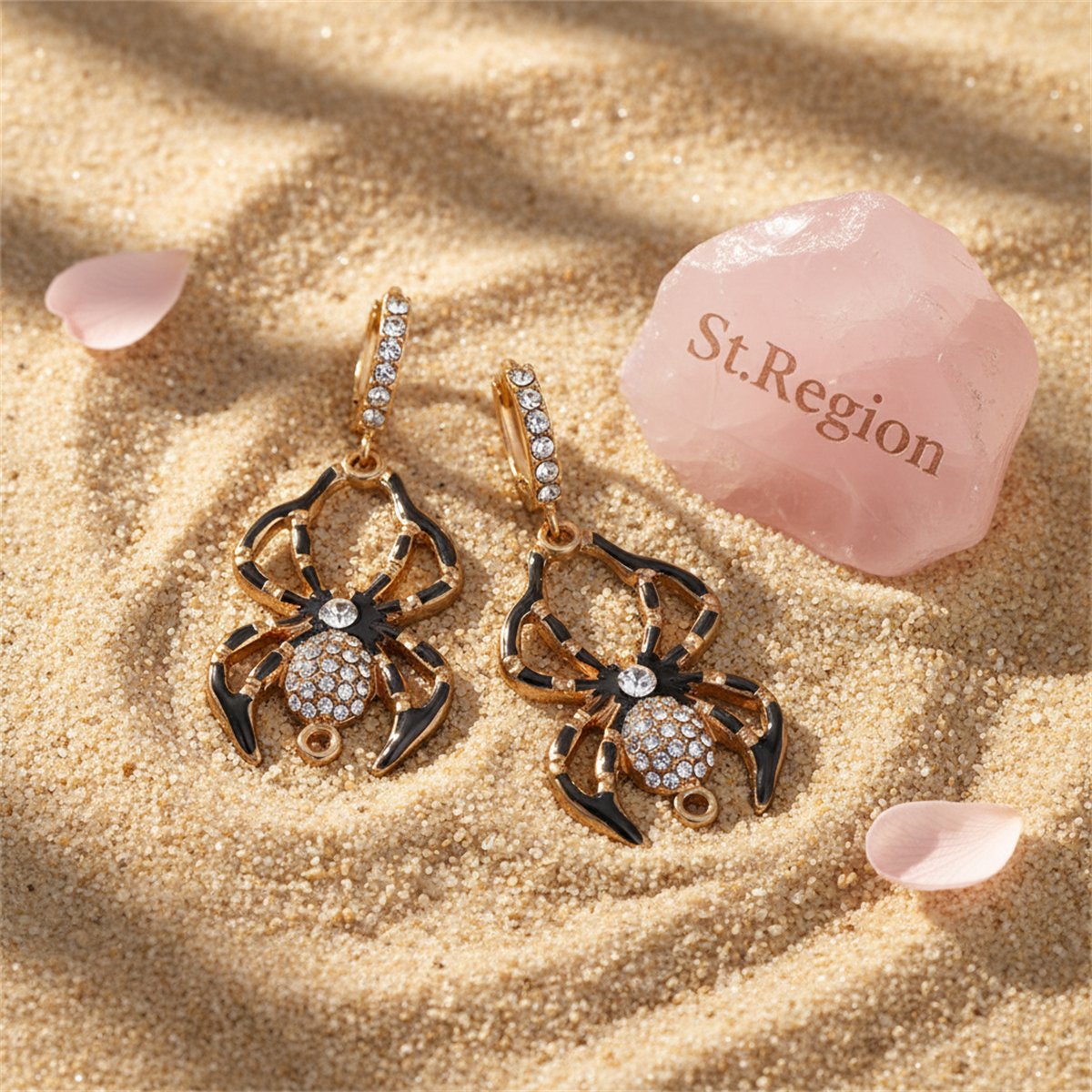 Cubic Zirconia and Enamel 18K Gold-Plated Spider Huggie Earrings, gold huggie earrings, botanical inspired, detail close-up