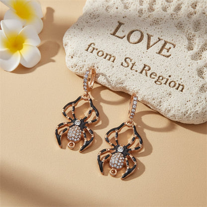 Cubic Zirconia and Enamel 18K Gold-Plated Spider Huggie Earrings, gold huggie earrings, botanical inspired, lifestyle look