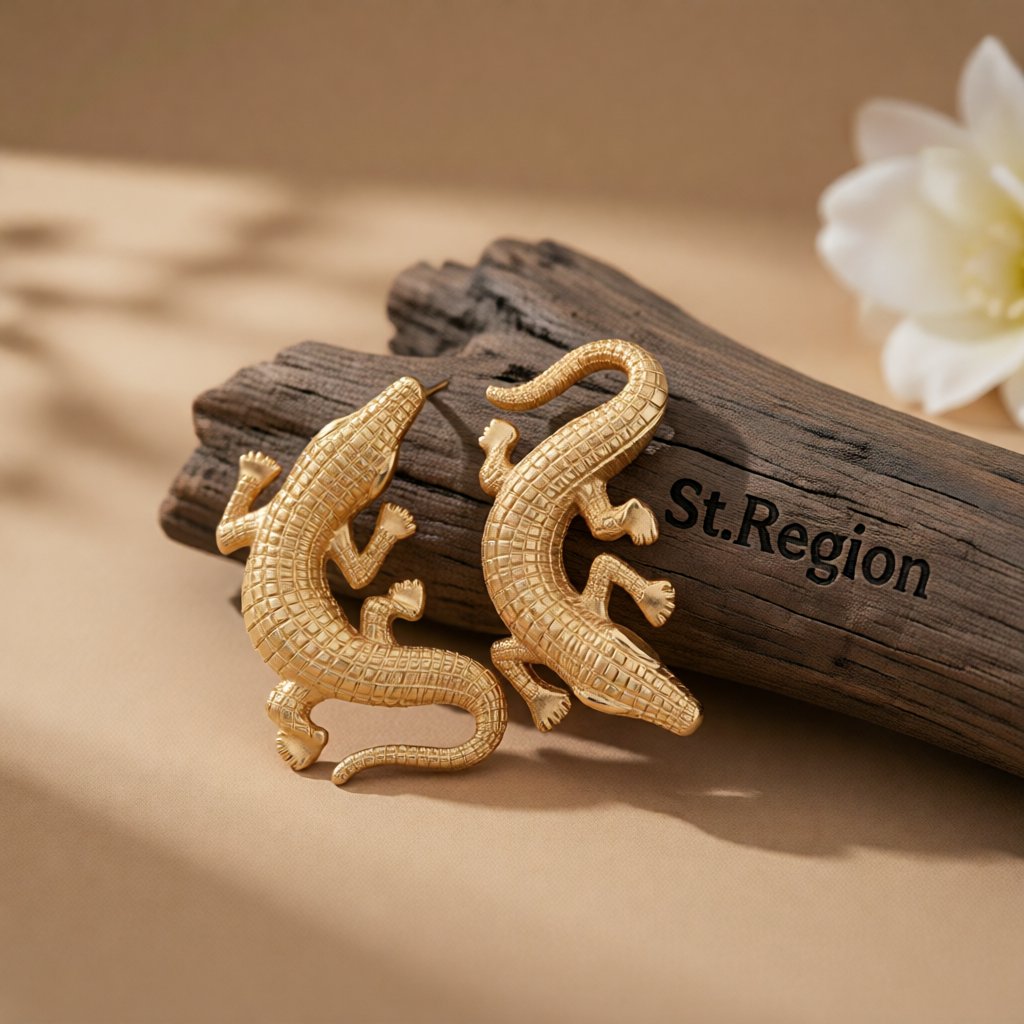18K Gold-Plated Crocodile Drop Earrings, gold stud earrings for women, botanical inspired, front view