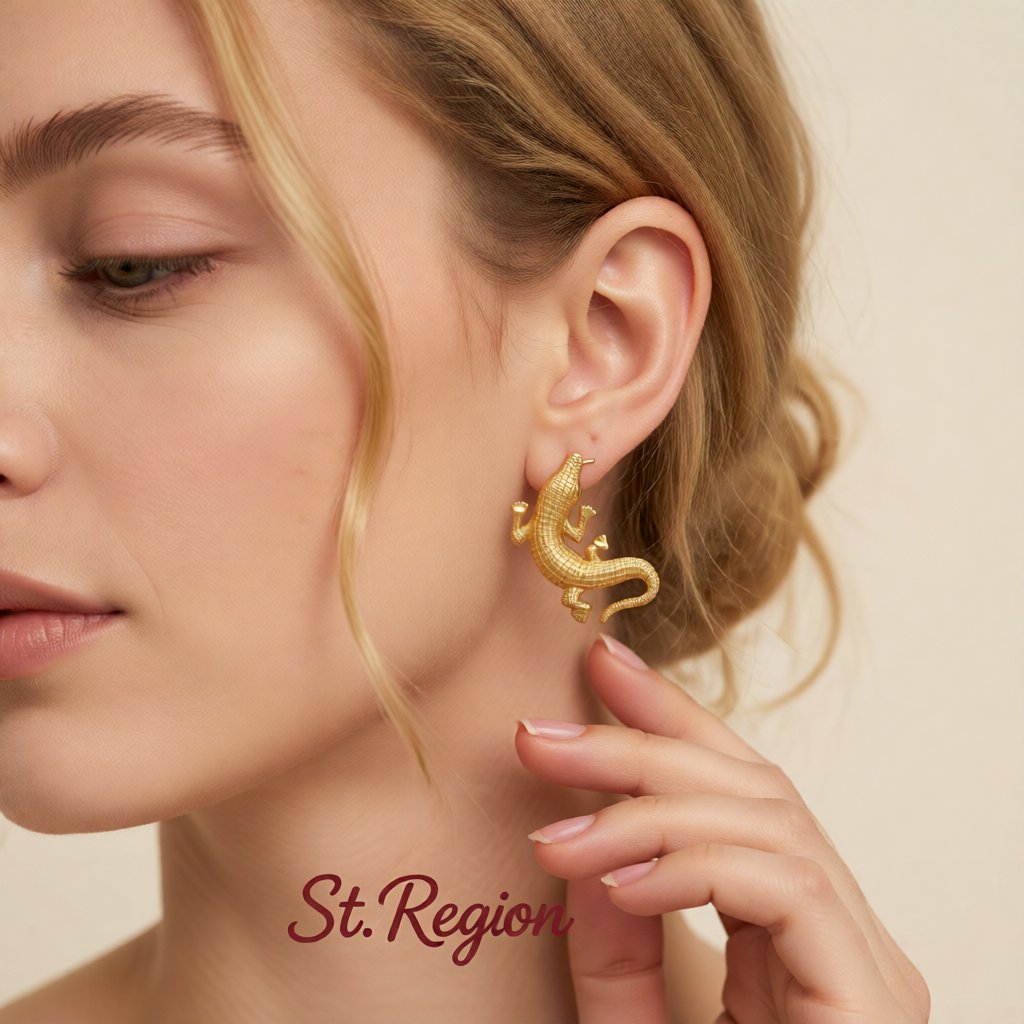 18K Gold-Plated Crocodile Drop Earrings, gold stud earrings for women, botanical inspired, styled look