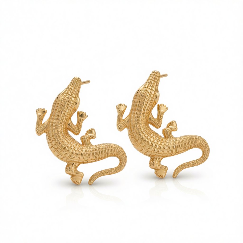 18K Gold-Plated Crocodile Drop Earrings, gold stud earrings for women, botanical inspired, side view