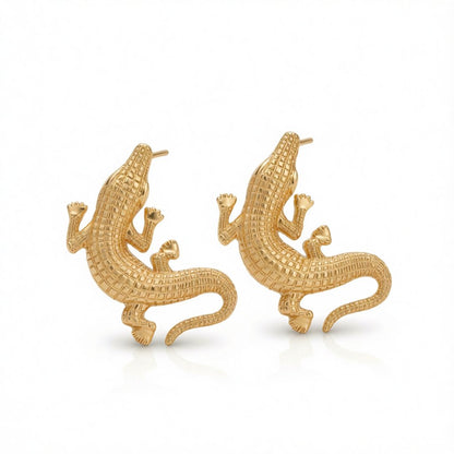 18K Gold-Plated Crocodile Drop Earrings, gold stud earrings for women, botanical inspired, side view
