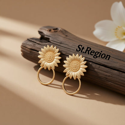 18K Gold-Plated Mum Hoop Drop Earrings, gold drop earrings for women, vintage-inspired design, front view