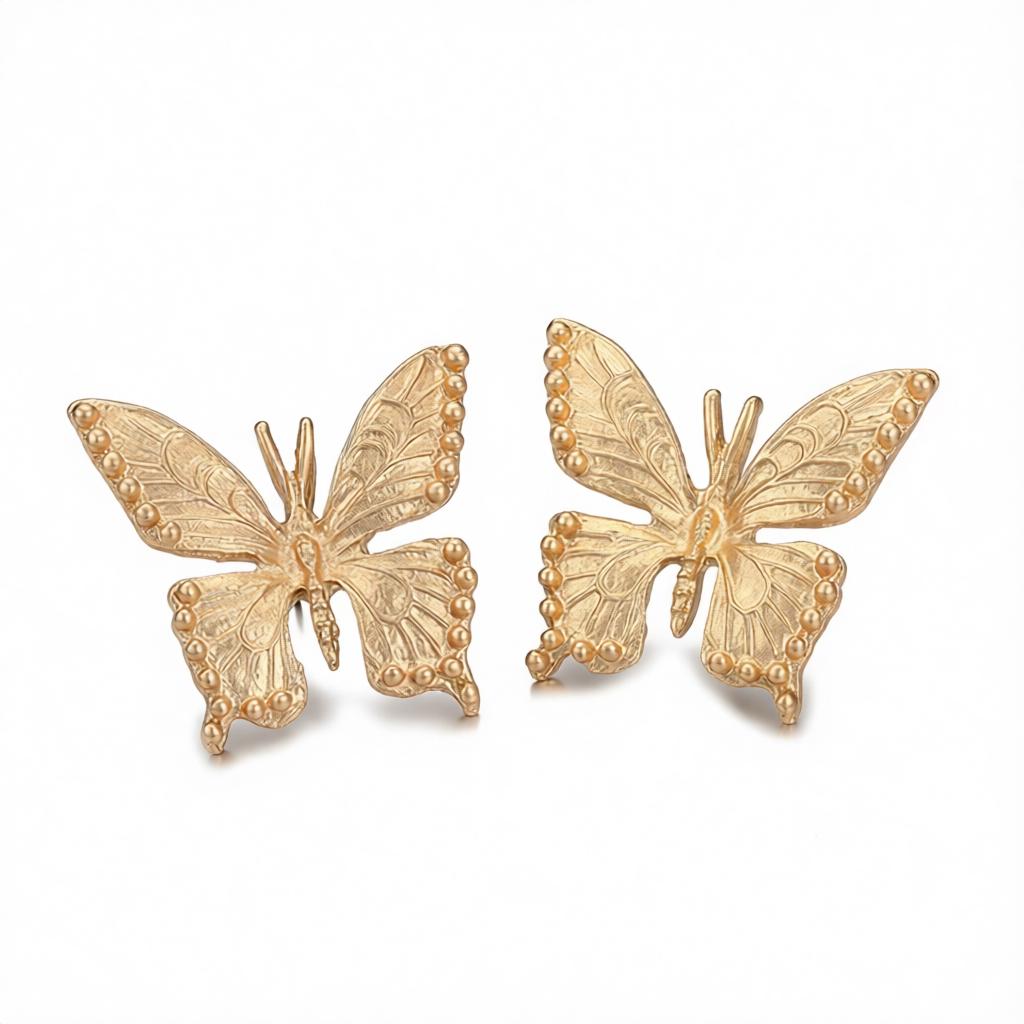 18K Gold-Plated Butterfly Stud Earrings, cubic zirconia stud earrings for women, botanical inspired, side view