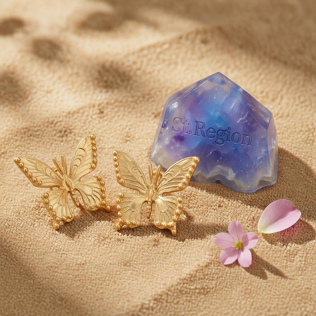 18K Gold-Plated Butterfly Stud Earrings, cubic zirconia stud earrings for women, botanical inspired, detail close-up