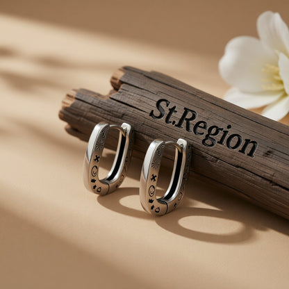 Silver-Plated Graffiti Huggie Earrings, silver huggie earrings, dainty minimalist design, front view