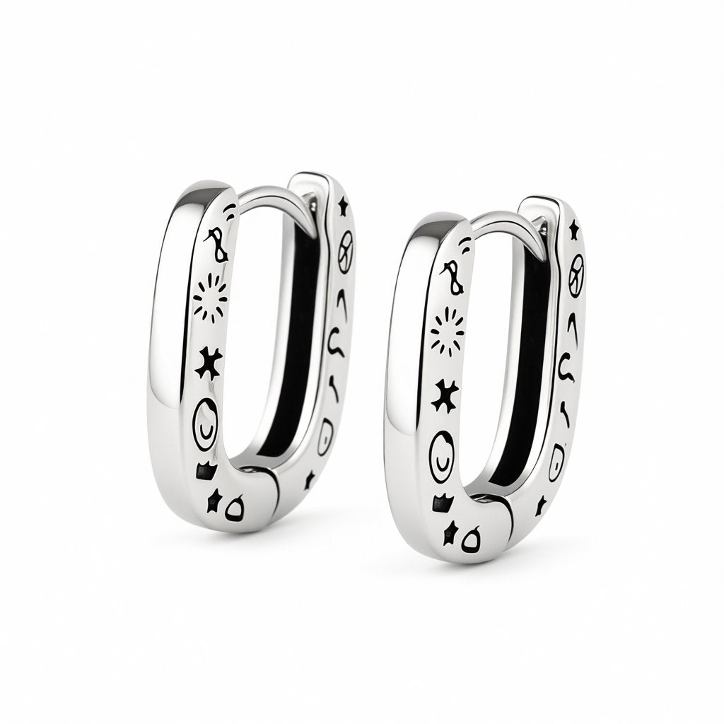 Silver-Plated Graffiti Huggie Earrings, silver huggie earrings, dainty minimalist design, side view