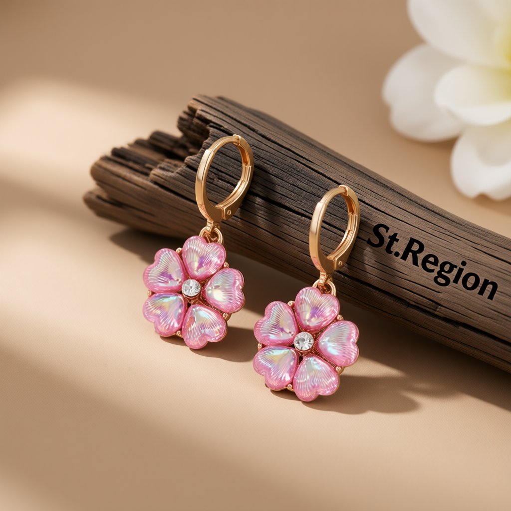 Rose Crystal and Cubic Zirconia Floral Drop Earrings, huggie earrings, elegant gift for her, front view