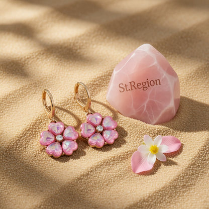 Rose Crystal and Cubic Zirconia Floral Drop Earrings, huggie earrings, elegant gift for her, detail close-up