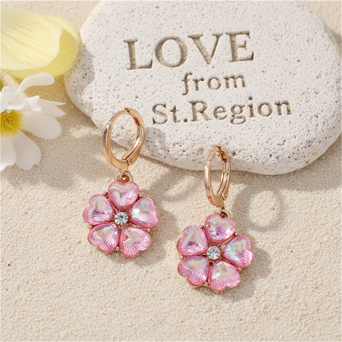 Rose Crystal and Cubic Zirconia Floral Drop Earrings, huggie earrings, elegant gift for her, lifestyle look