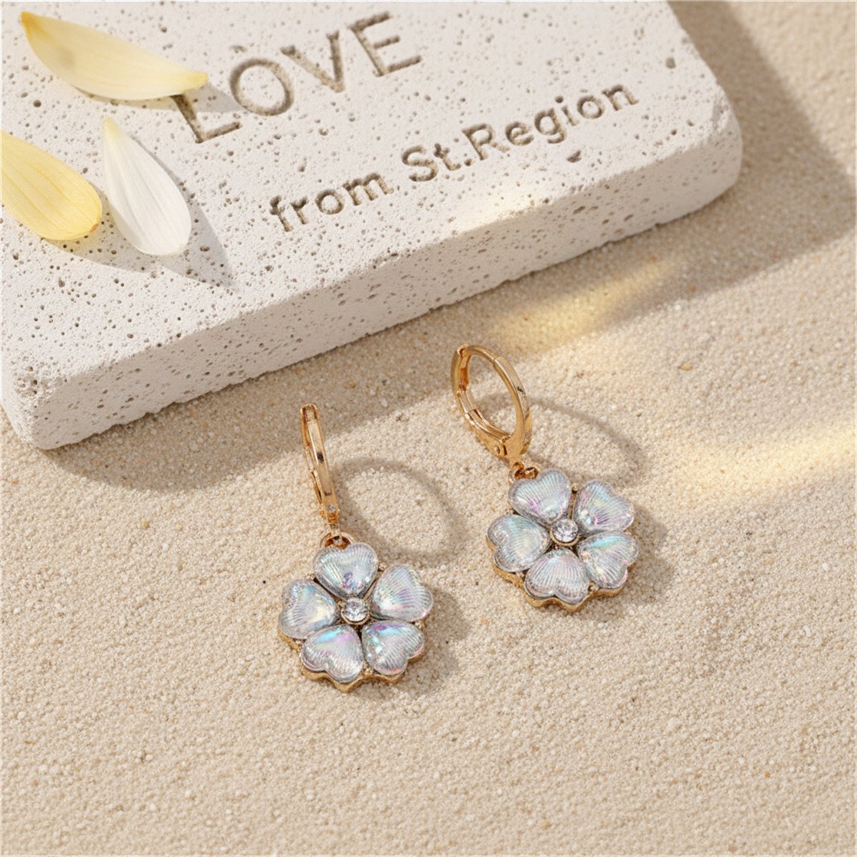 White Crystal and Cubic Zirconia 18K Gold-Plated Flower Drop Earrings, gold huggie earrings, lifestyle look