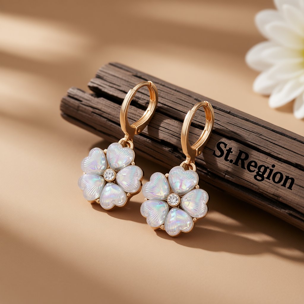 White Crystal and Cubic Zirconia 18K Gold-Plated Flower Drop Earrings, gold huggie earrings, front view