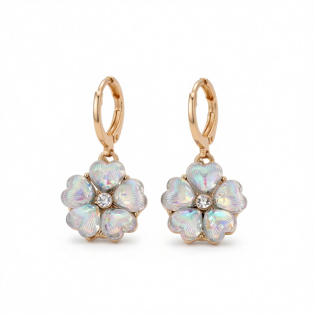 White Crystal and Cubic Zirconia 18K Gold-Plated Flower Drop Earrings, gold huggie earrings, side view