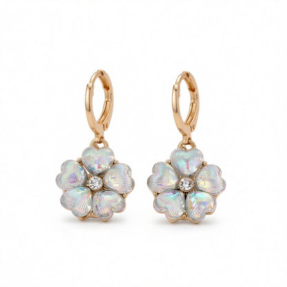 White Crystal and Cubic Zirconia 18K Gold-Plated Flower Drop Earrings, gold huggie earrings, side view