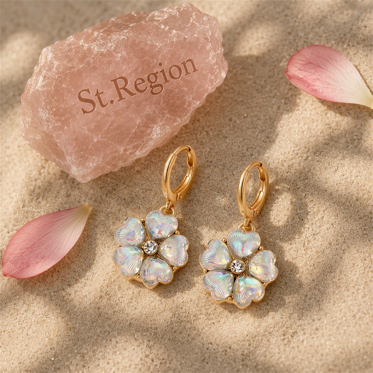 White Crystal and Cubic Zirconia 18K Gold-Plated Flower Drop Earrings, gold huggie earrings, detail close-up