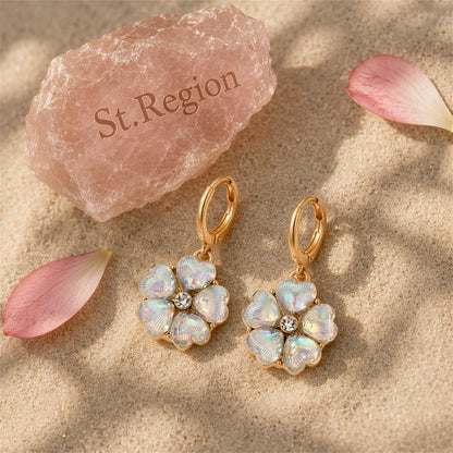 White Crystal and Cubic Zirconia 18K Gold-Plated Flower Drop Earrings, gold huggie earrings, detail close-up