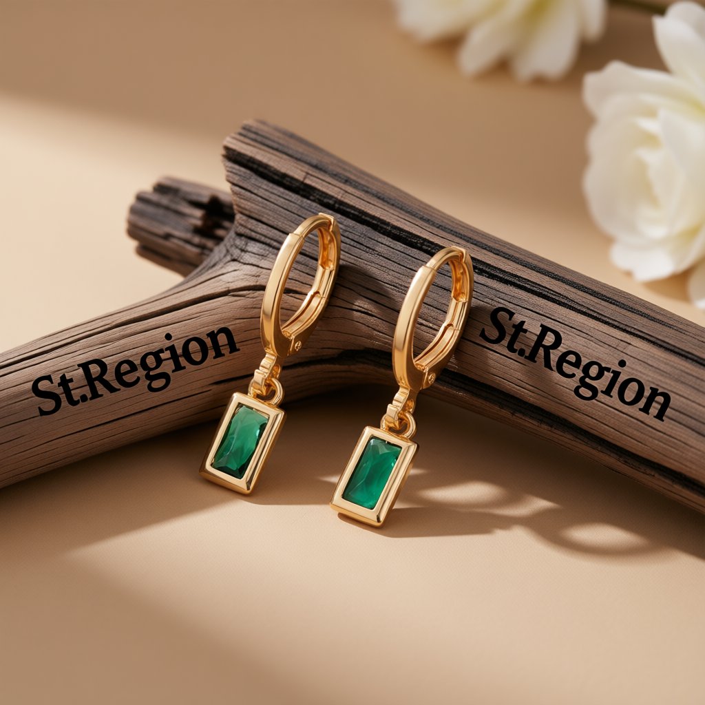 Green Crystal and 18K Gold-Plated Rectangle Huggie Earring, gold huggie earrings, botanical inspired, front view