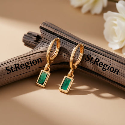 Green Crystal and 18K Gold-Plated Rectangle Huggie Earring, gold huggie earrings, botanical inspired, front view