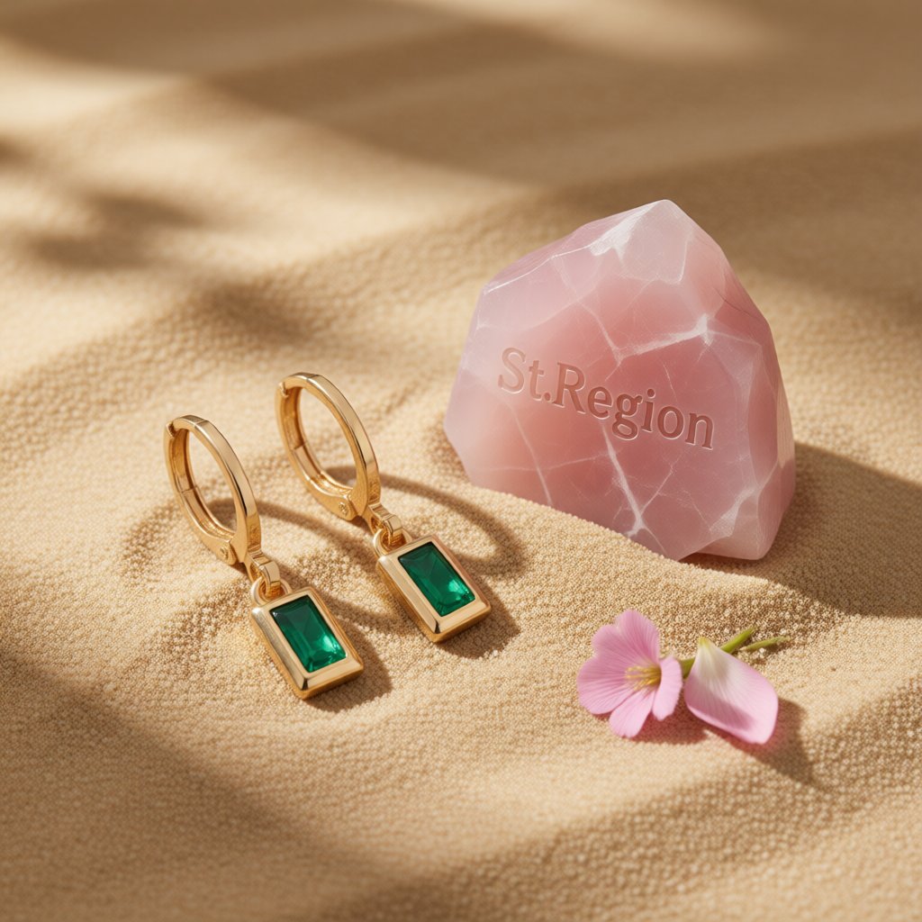 Green Crystal and 18K Gold-Plated Rectangle Huggie Earring, gold huggie earrings, botanical inspired, detail close-up