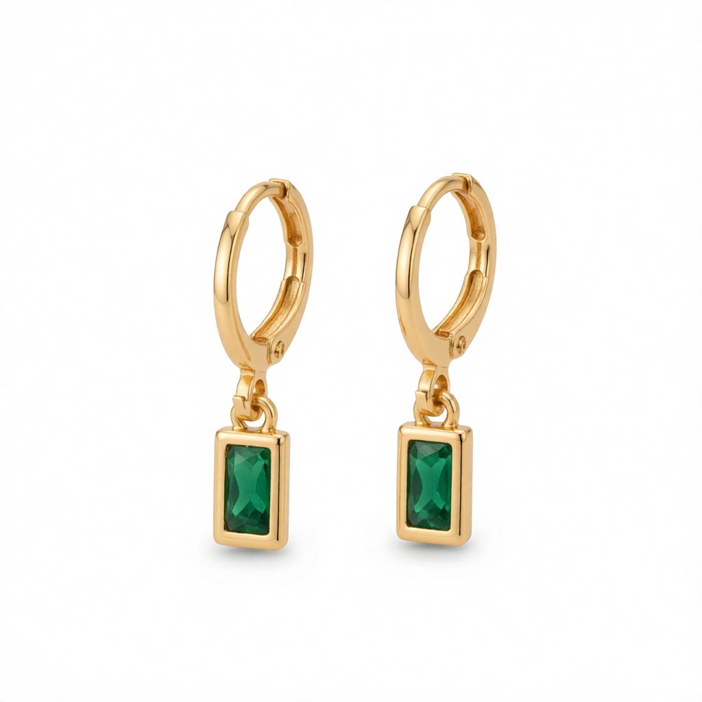 Green Crystal and 18K Gold-Plated Rectangle Huggie Earring, gold huggie earrings, botanical inspired, side view