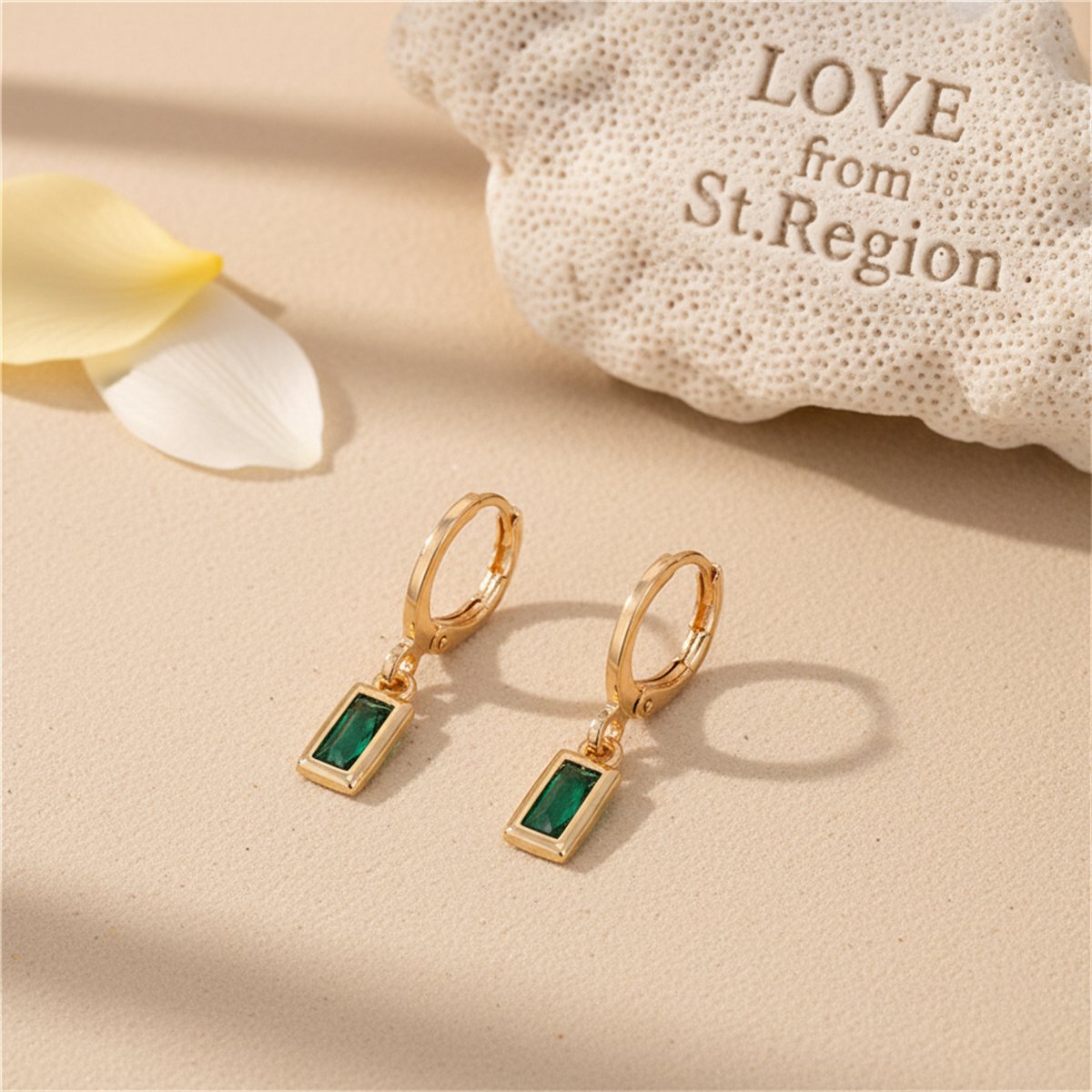 Green Crystal and 18K Gold-Plated Rectangle Huggie Earring, gold huggie earrings, botanical inspired, lifestyle look