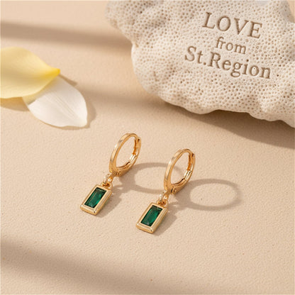 Green Crystal and 18K Gold-Plated Rectangle Huggie Earring, gold huggie earrings, botanical inspired, lifestyle look
