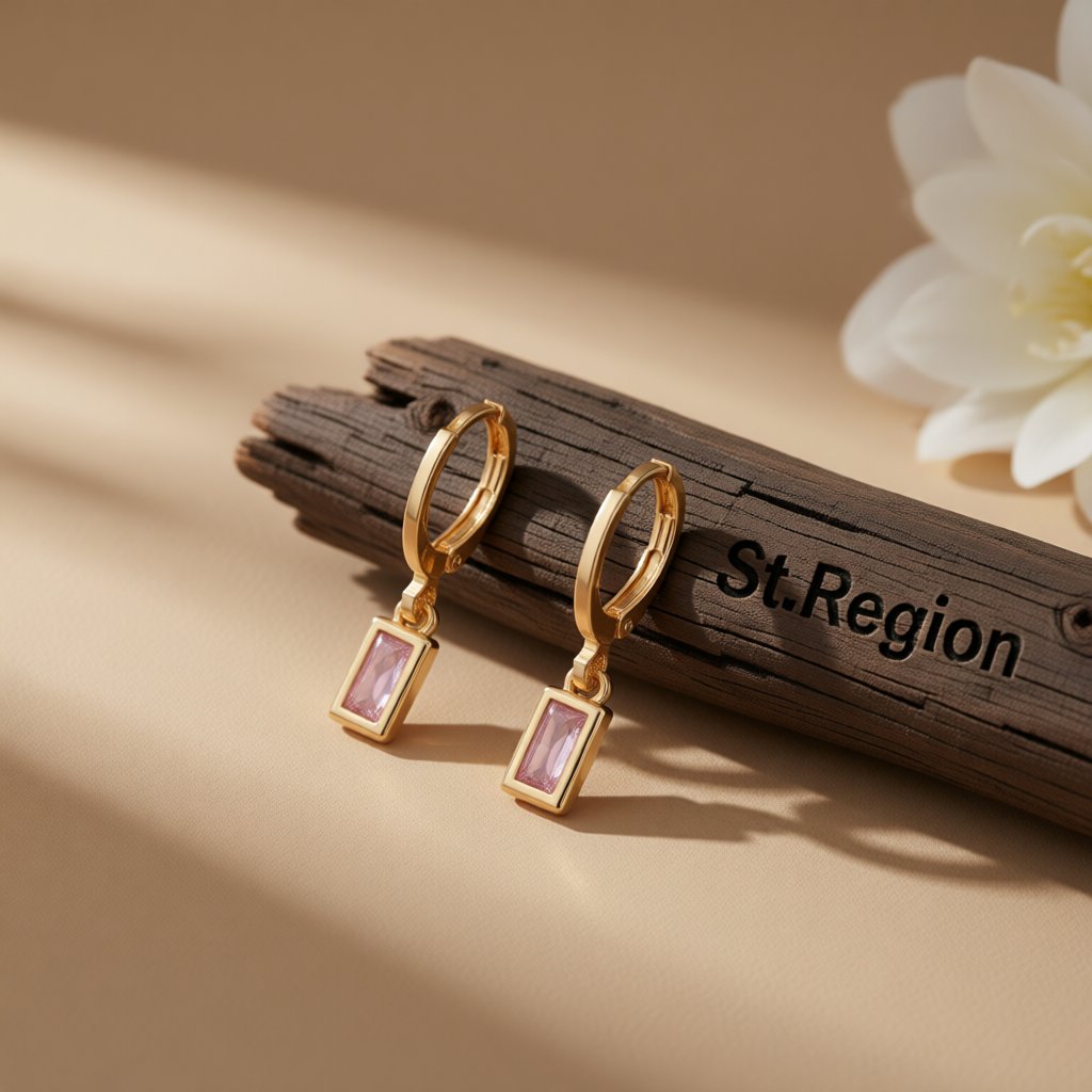 Pink Crystal and 18K Gold-Plated Rectangle Huggie Earrings, gold huggie earrings, everyday style, front view