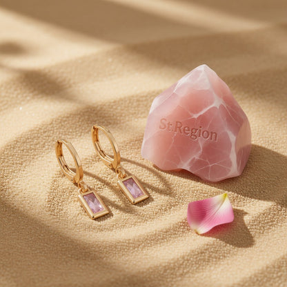 Pink Crystal and 18K Gold-Plated Rectangle Huggie Earrings, gold huggie earrings, everyday style, detail close-up