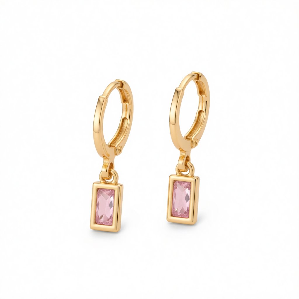 Pink Crystal and 18K Gold-Plated Rectangle Huggie Earrings, gold huggie earrings, everyday style, side view