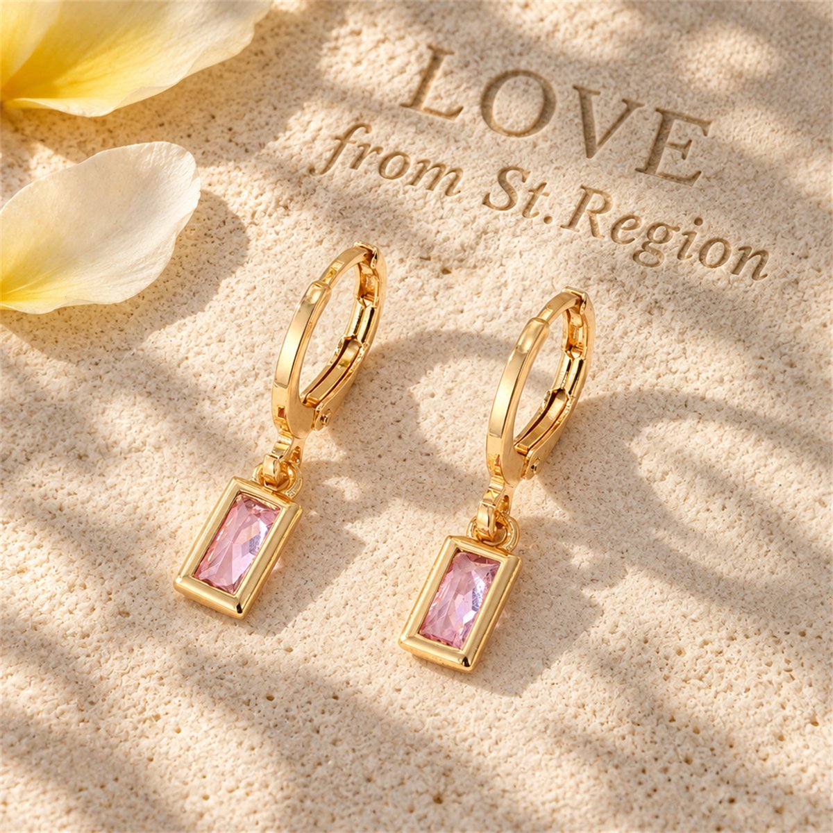 Pink Crystal and 18K Gold-Plated Rectangle Huggie Earrings, gold huggie earrings, everyday style, lifestyle look