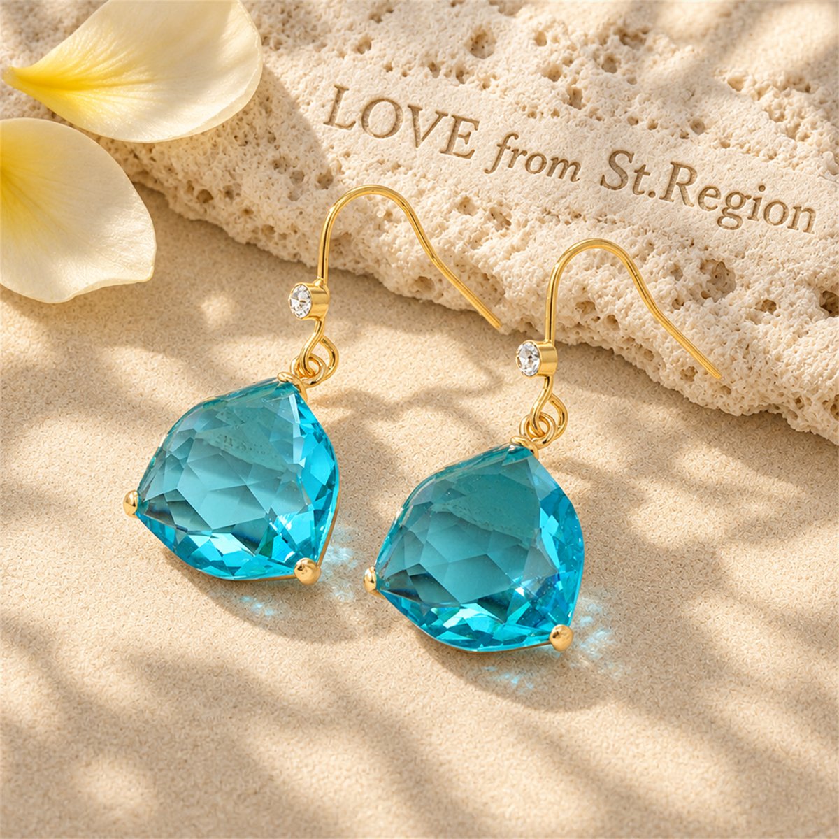 Lake Blue Crystal and Cubic Zirconia Shield Drop Earrings, drop earrings for women, botanical inspired, lifestyle look