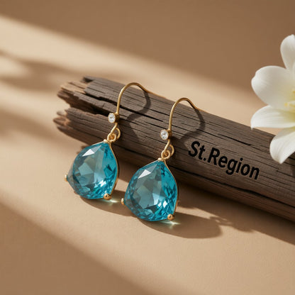 Lake Blue Crystal and Cubic Zirconia Shield Drop Earrings, drop earrings for women, botanical inspired, front view