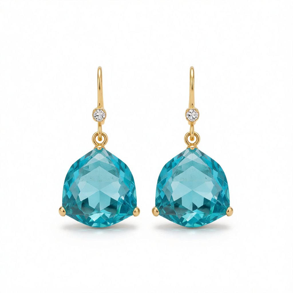 Lake Blue Crystal and Cubic Zirconia Shield Drop Earrings, drop earrings for women, botanical inspired, side view