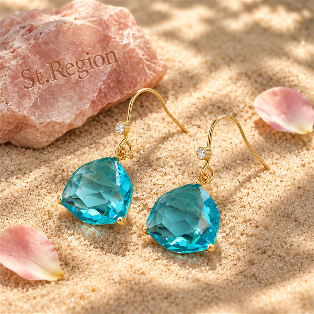 Lake Blue Crystal and Cubic Zirconia Shield Drop Earrings, drop earrings for women, botanical inspired, detail close-up