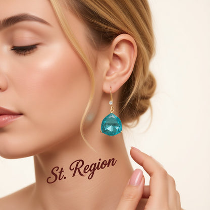 Lake Blue Crystal and Cubic Zirconia Shield Drop Earrings, drop earrings for women, botanical inspired, styled look