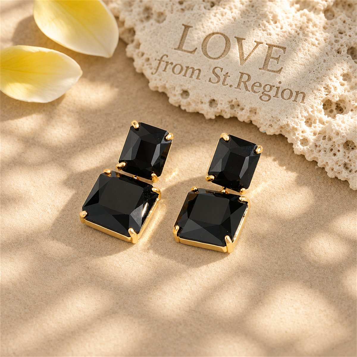 Black Crystal and 18K Gold-Plated Double-Cube Drop Earrings, gold drop earrings for women, botanical inspired, lifestyle look