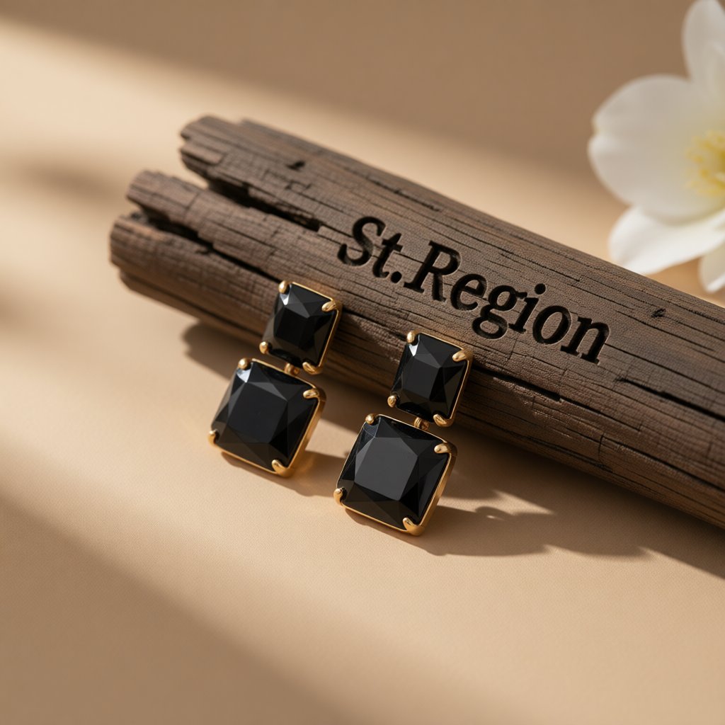 Black Crystal and 18K Gold-Plated Double-Cube Drop Earrings, gold drop earrings for women, botanical inspired, front view