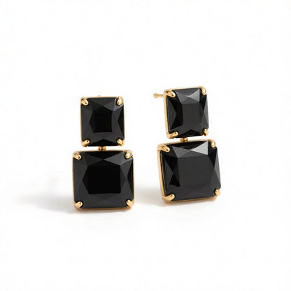 Black Crystal and 18K Gold-Plated Double-Cube Drop Earrings, gold drop earrings for women, botanical inspired, side view