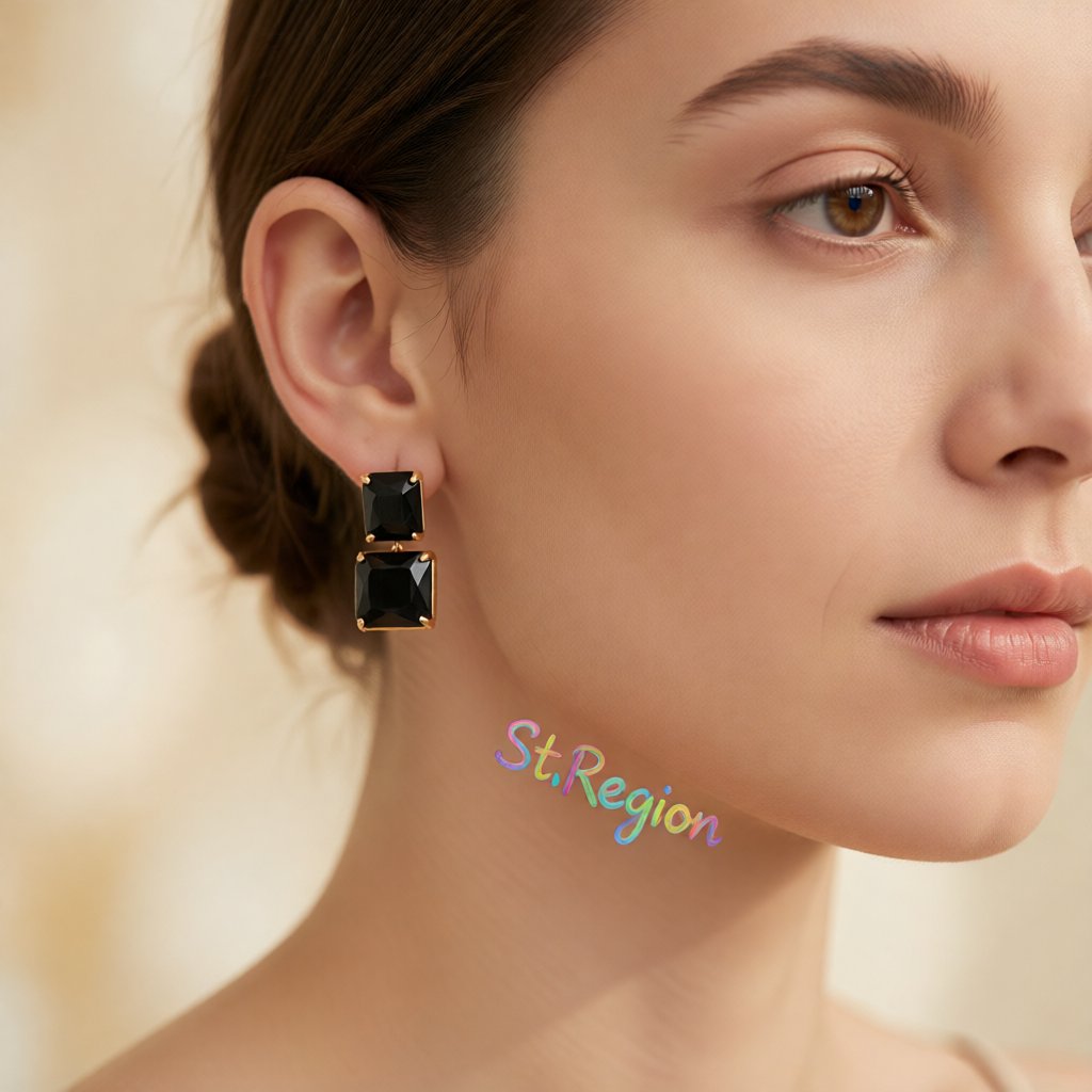 Black Crystal and 18K Gold-Plated Double-Cube Drop Earrings, gold drop earrings for women, botanical inspired, styled look
