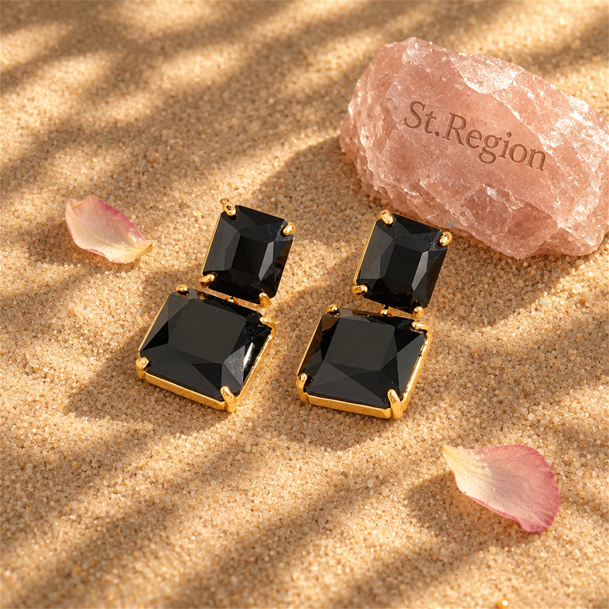 Black Crystal and 18K Gold-Plated Double-Cube Drop Earrings, gold drop earrings for women, detail close-up