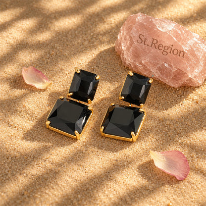 Black Crystal and 18K Gold-Plated Double-Cube Drop Earrings, gold drop earrings for women, detail close-up