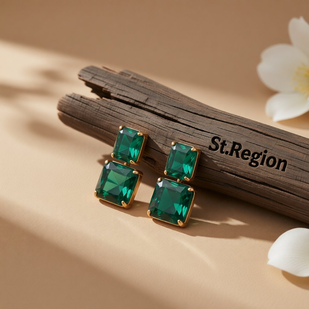 Green Crystal and 18K Gold-Plated Double Cube Drop Earrings, gold drop earrings for women, elegant gift for her, front view