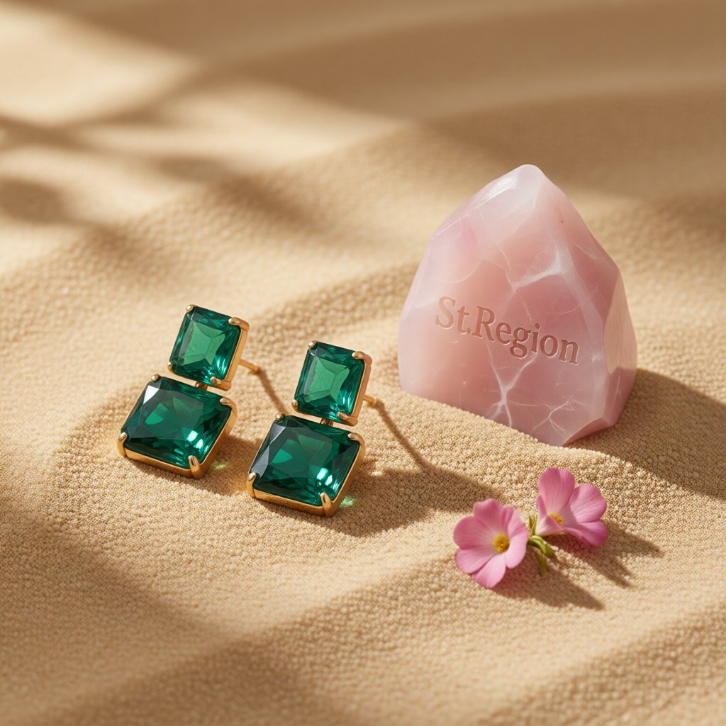 Green Crystal and 18K Gold-Plated Double Cube Drop Earrings, gold drop earrings for women, detail close-up