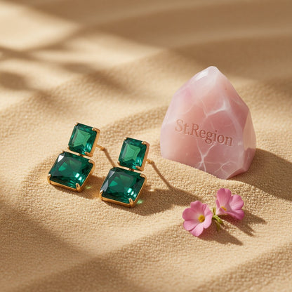 Green Crystal and 18K Gold-Plated Double Cube Drop Earrings, gold drop earrings for women, detail close-up