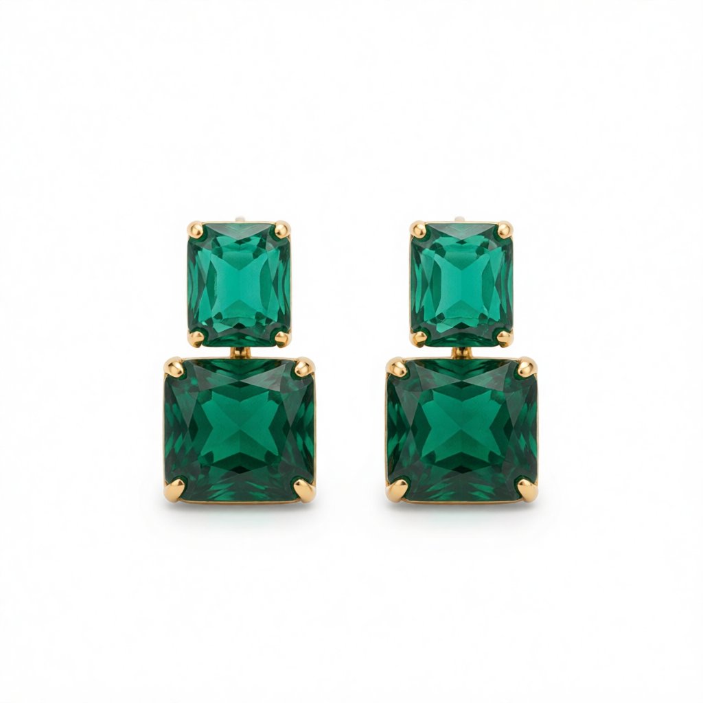 Green Crystal and 18K Gold-Plated Double Cube Drop Earrings, gold drop earrings for women, elegant gift for her, side view
