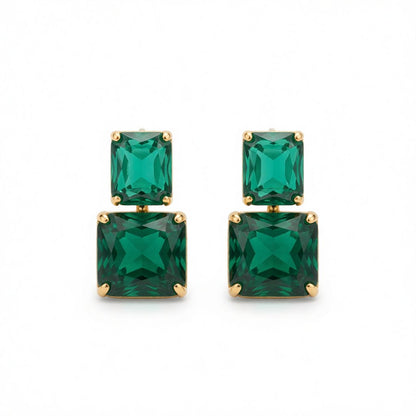 Green Crystal and 18K Gold-Plated Double Cube Drop Earrings, gold drop earrings for women, elegant gift for her, side view