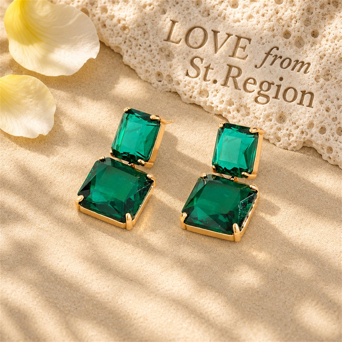 Green Crystal and 18K Gold-Plated Double Cube Drop Earrings, gold drop earrings for women, lifestyle look